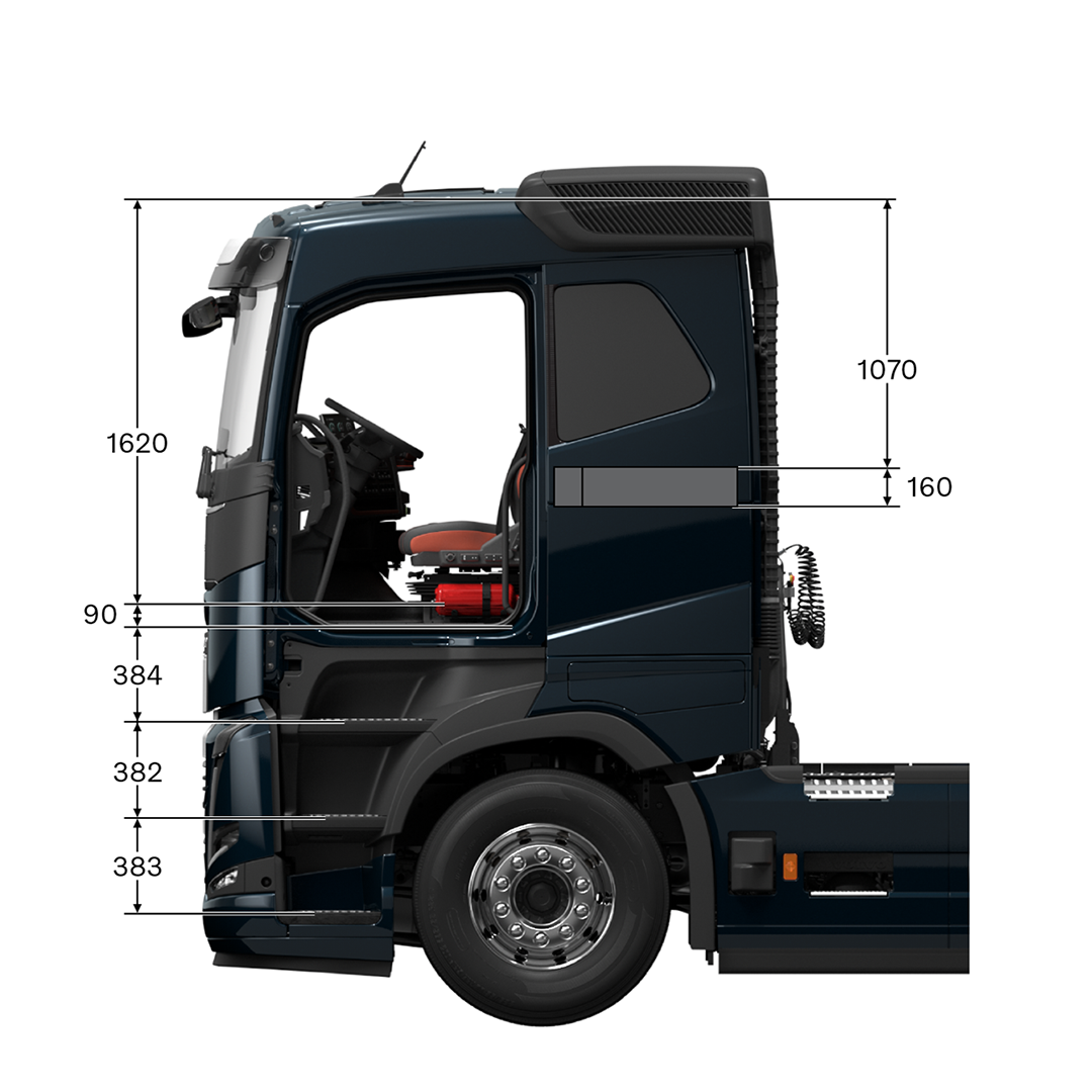 Volvo FH16 sleeper cab with measurements, viewed from the side