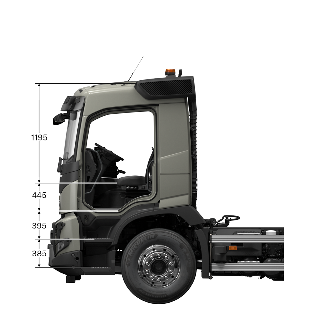 FMX day cab with measurements, viewed from the side
