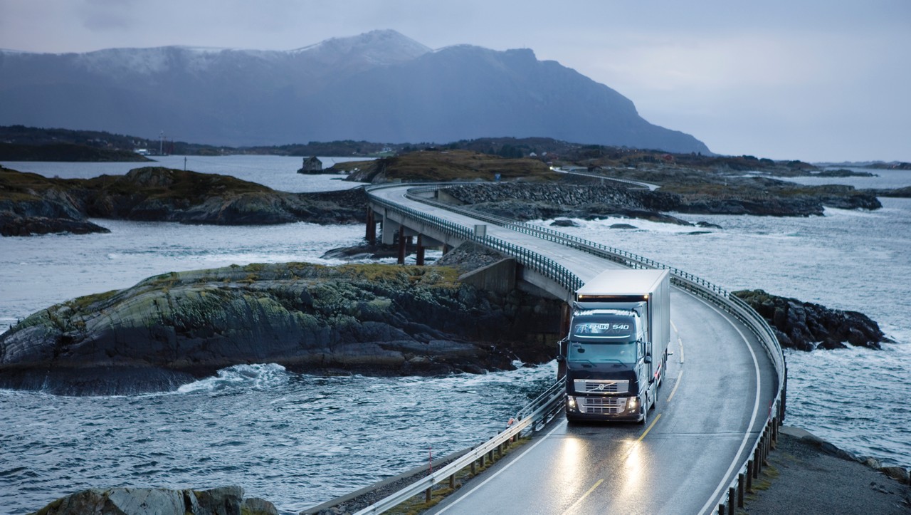 Volvo FH driving on winding bridge